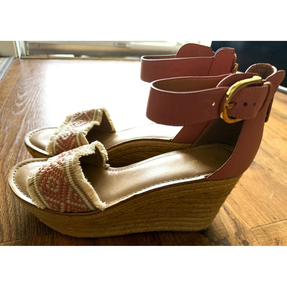 Tommy Hilfiger Pink Beige Espadrille Wedge Sandals Ankle Strap Platform 11M